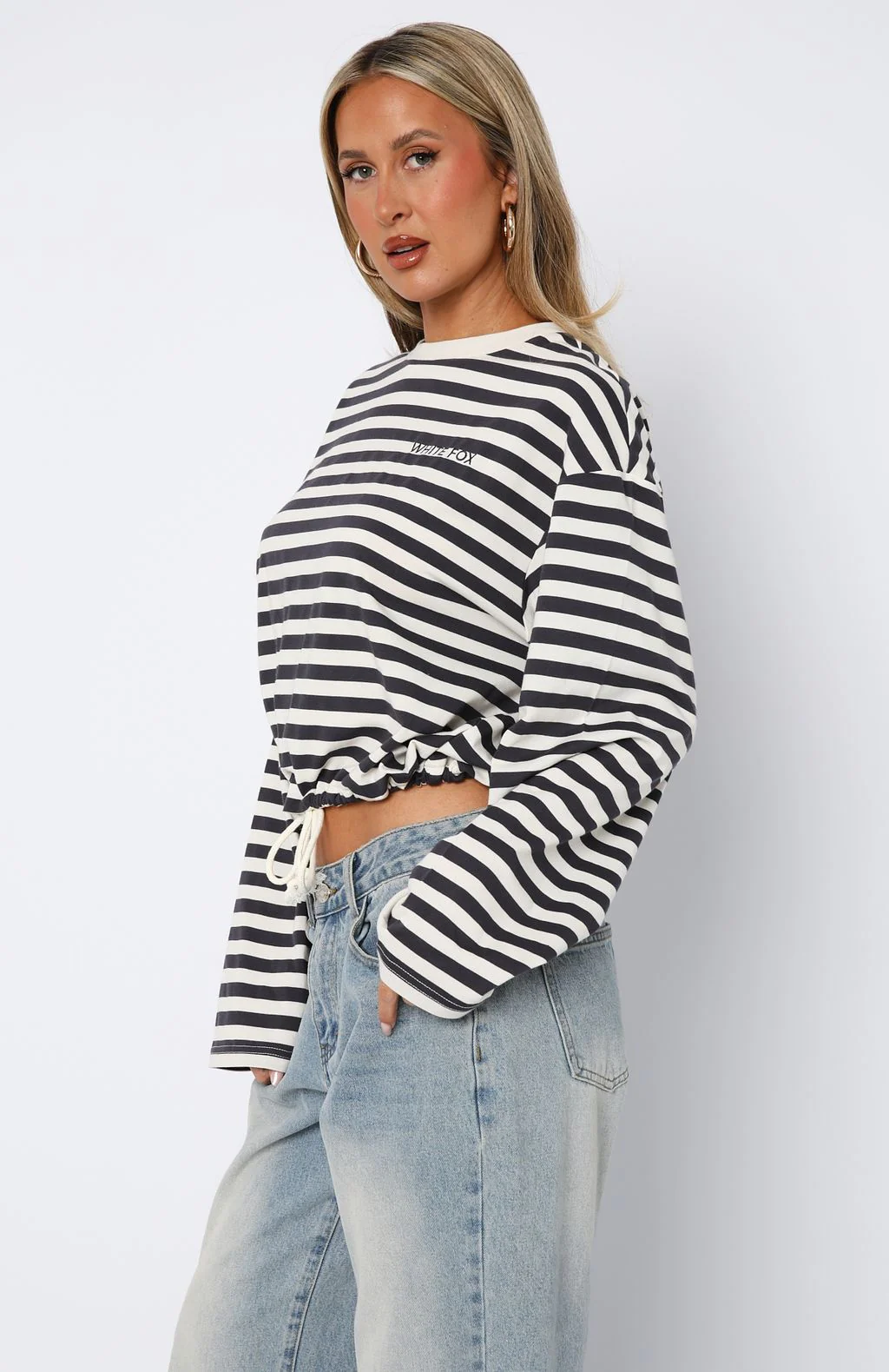 First Time Here Long Sleeve Tee Charcoal/Cream Stripe - Image 3