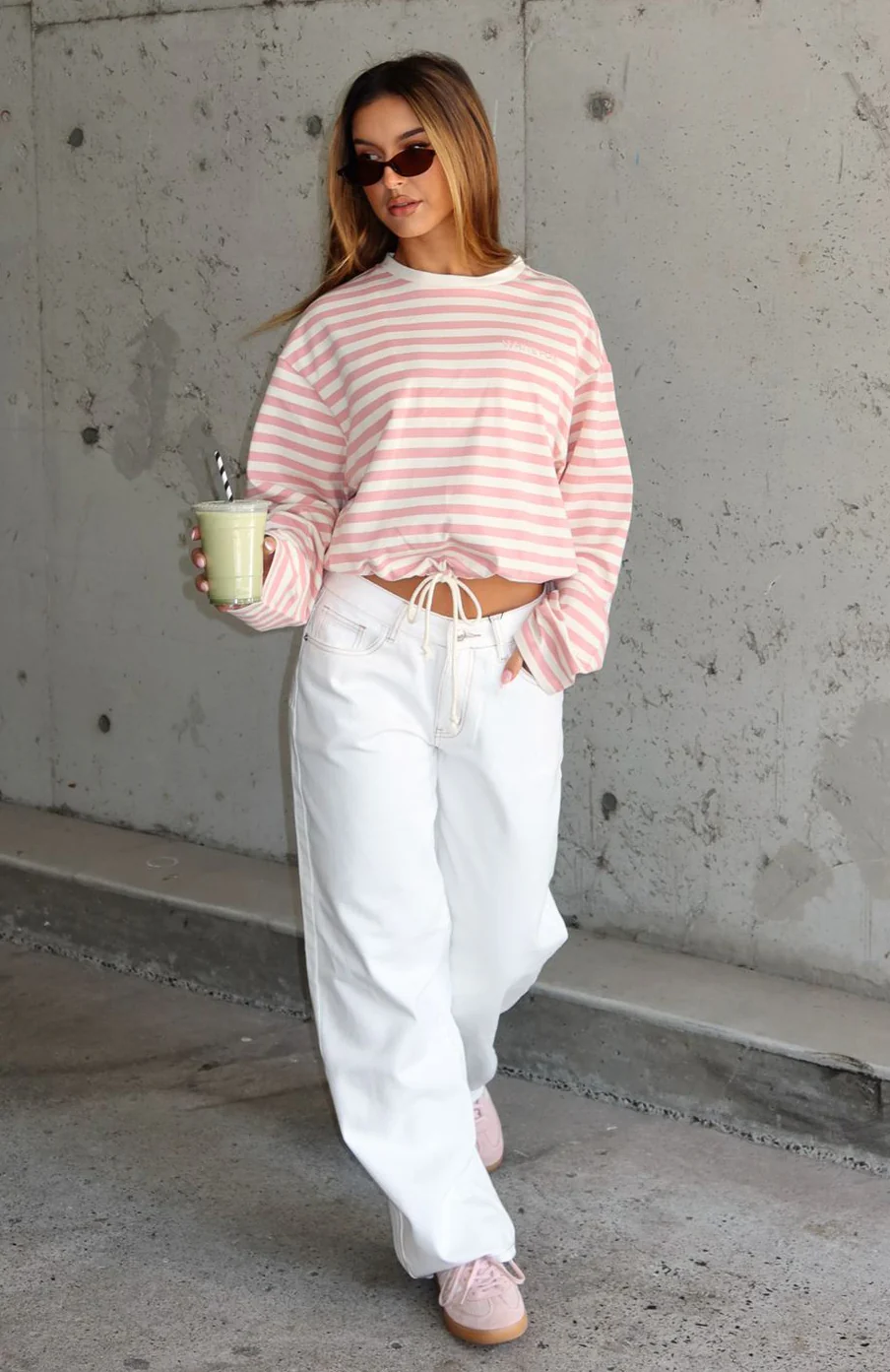 First Time Here Long Sleeve Tee Pink/Cream Stripe - Image 6