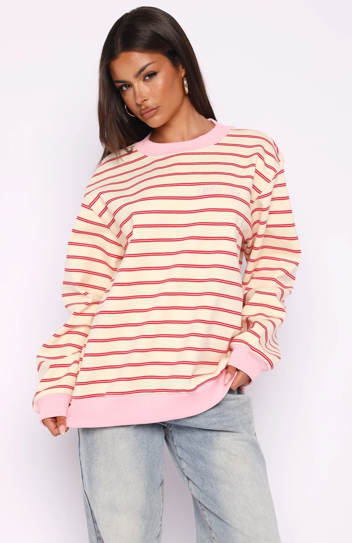 Happy Go Lucky Oversized Sweater Cream/Red Stripe - Image 2