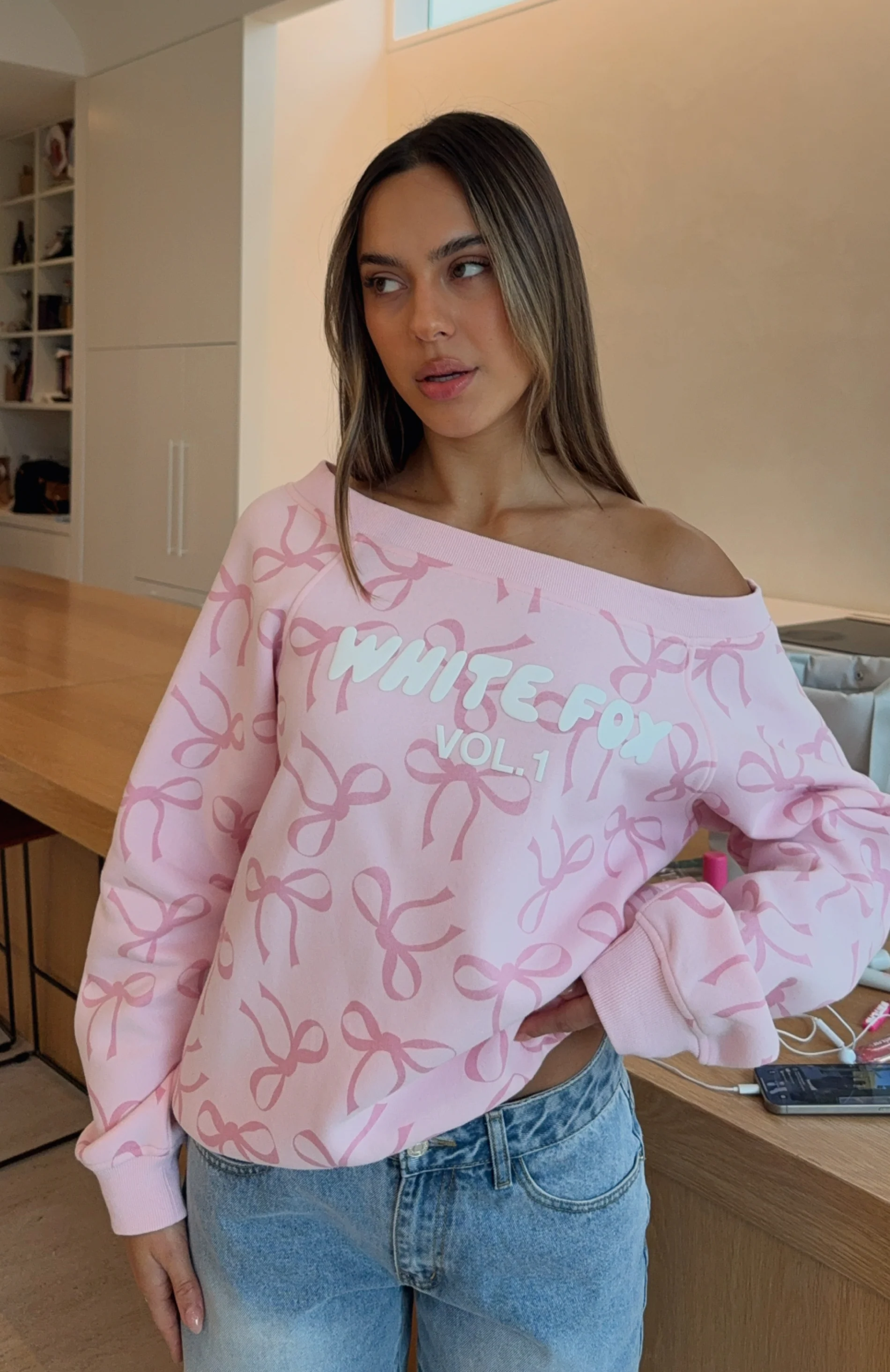 Vol. 1 Off Shoulder Printed Sweater Posy Bow - Image 7